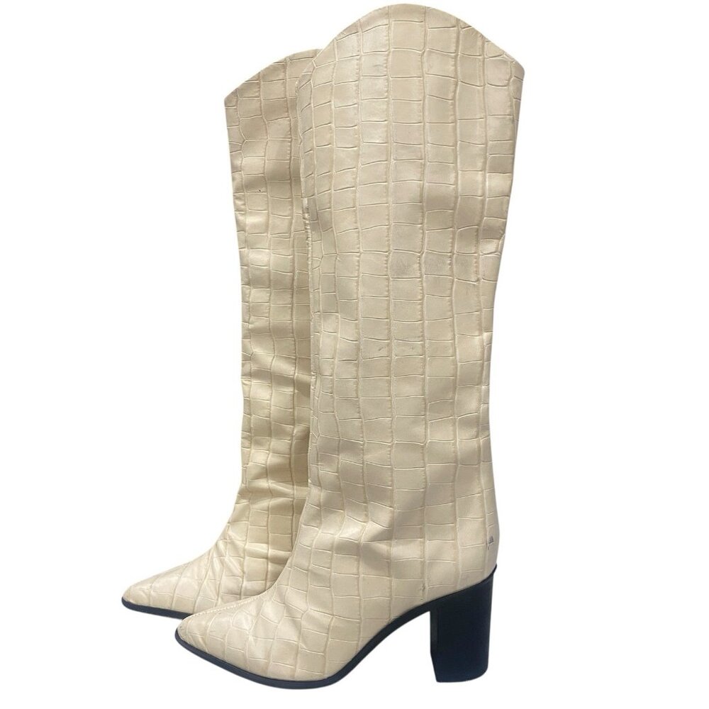 Schutz Womens 7B Analeah Knee-High Boots Croc Embossed Leather Egg Shell Western - Picture 4 of 10